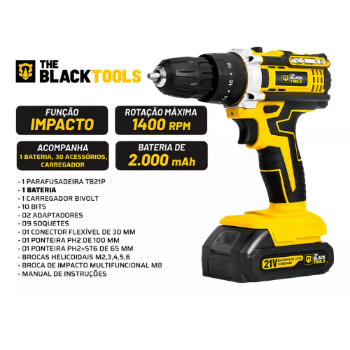 Parafusadeira E Furadeira Impacto The Black Tools Tb-21pw 21v 3/8 Cor Amarelo Frequência 50/60 Hz 110v/220v